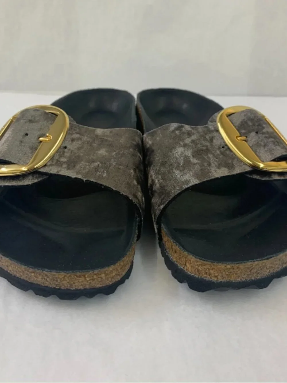 Birkenstock Madrid Big Buckle Rivet Logo Taupe Velvet Exquisite Footbed Narrow